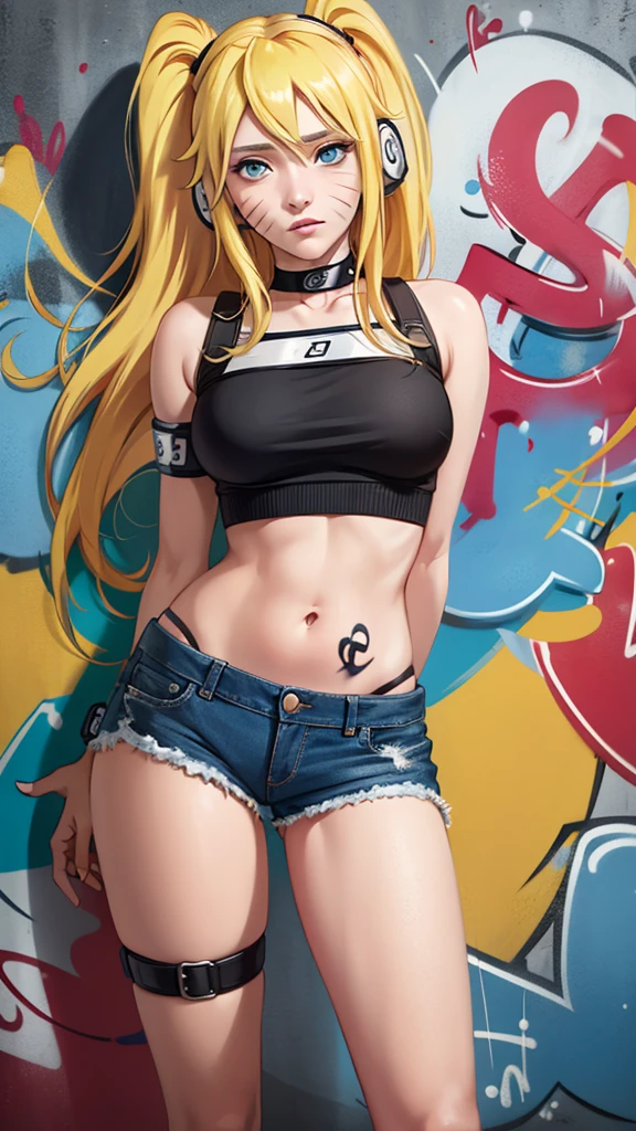 masterpiece, best quality, 1girl, solo, crop top, denim shorts, choker, (graffiti:1.5),  arms behind back, against wall, looking at viewer, armband, thigh strap, head tilt, bored, blonde hair, aqua eyes, headset, Naruto jutsu sexy (naruko Uzumaki).