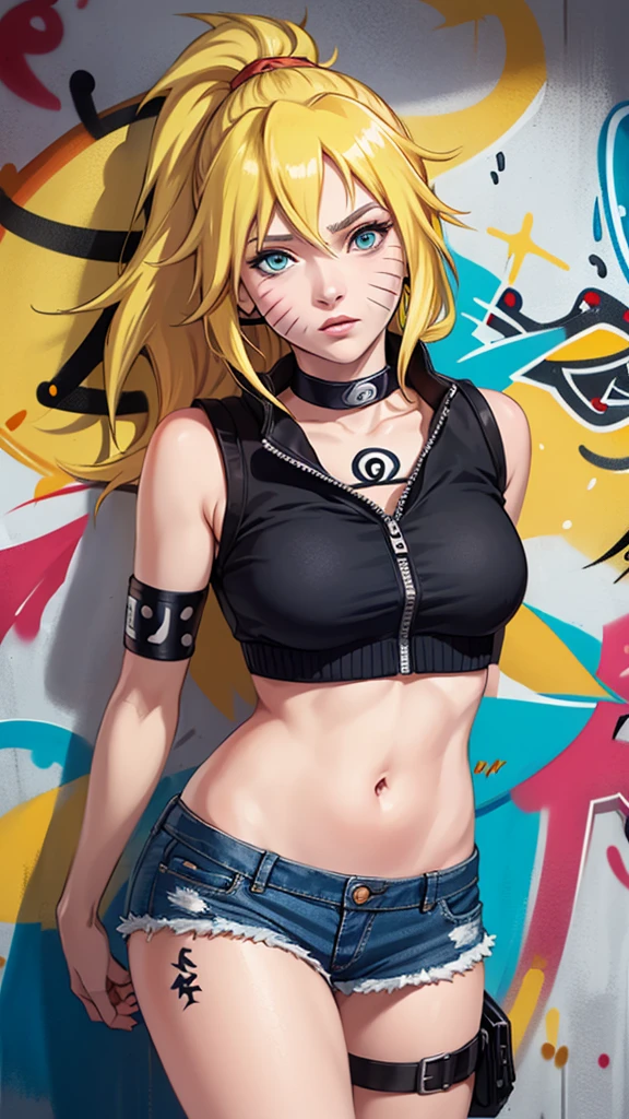 masterpiece, best quality, 1girl, solo, crop top, denim shorts, choker, (graffiti:1.5),  arms behind back, against wall, looking at viewer, armband, thigh strap, head tilt, bored, blonde hair, aqua eyes, headset, Naruto jutsu sexy (naruko Uzumaki).