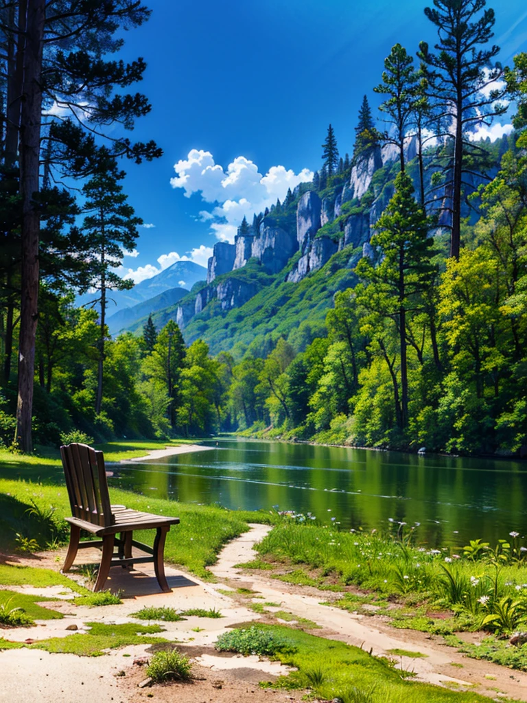 Bench deep in the forest against the backdrop of mountains, wooden bench, Bright green trees, весенний landscape, bright sun, rich blue sky, very detailed and magical lighting, Intricate forest details, vegetation and lake, Sunny Forest, landscape, A lot of trees, beautiful green leaves, beautiful lighting and realistic proportions, looks like it&#39;s a movie background, 8K, top quality, Masterpiece, some snow on the mountains, some ice on the lake