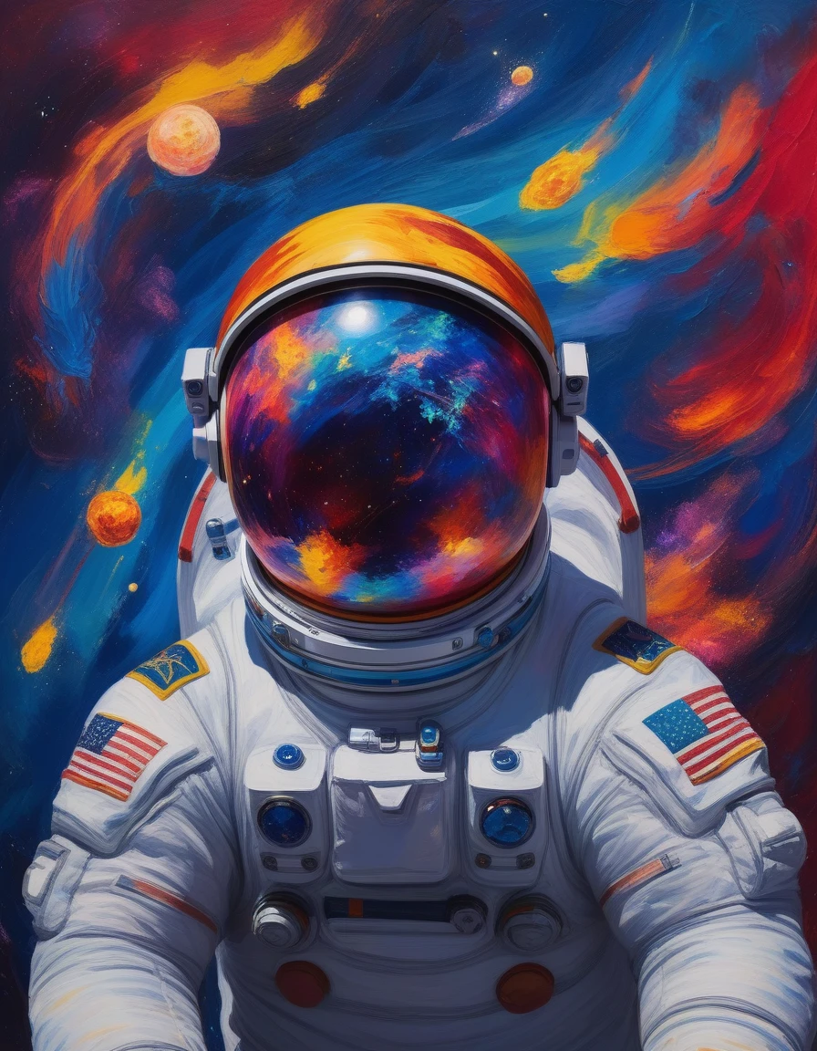 Indonesian astronaut, red and white flag, A Fauvist-inspired painting of an astronaut floating in space. The astronaut's suit is depicted in bold, non-naturalistic colors such as electric blue, fiery red, and vibrant yellow. The helmet visor reflects an array of bright, exaggerated hues, capturing the cosmos' vivid beauty. The background is a swirling mix of intense, saturated colors representing stars, galaxies, and nebulae. The brushstrokes are expressive and loose, adding a sense of movement and energy to the scene. The overall effect is one of surreal beauty and emotional intensity, blending the adventurous spirit of space exploration with the bold, expressive style of Fauvism. Highly detailed, vibrant colors, expressive brushstrokes, surreal atmosphere, cosmic elements, masterpiece, best quality, amazing quality, very aesthetic, absurdres