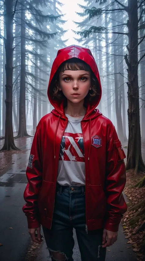 millie bobby brown, mbb, wearing a red jacket and a hood in a dark forrest, horror style, stranger things, netflix, d3m0g