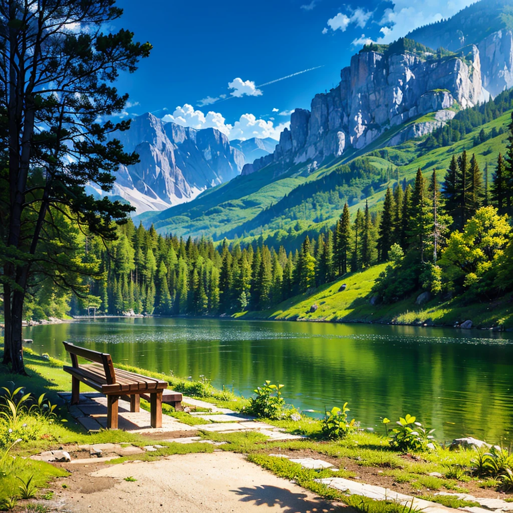 Banc au cœur de la forêt sur fond de montagnes, Banc en bois, Arbres vert vif, весенний paysage, Soleil brillant, ciel bleu riche, éclairage très détaillé et magique, détails complexes de la forêt, végétation et lac, forêt ensoleillée, paysage, beaucoup d’arbres, belles feuilles vertes, bel éclairage et proportions réalistes, on dirait&#39;dans le fond du film, 8k, qualité supérieure, chef-d&#39;œuvre, un peu de neige sur les montagnes, un peu de glace sur le lac