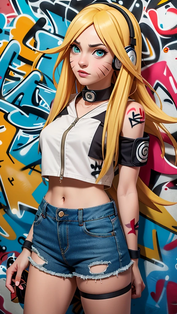 masterpiece, best quality, 1girl, solo, crop top, denim shorts, choker, (graffiti:1.5),  arms behind back, against wall, looking at viewer, armband, thigh strap, head tilt, bored, blonde hair, aqua eyes, headset, Naruto jutsu sexy (naruko Uzumaki).