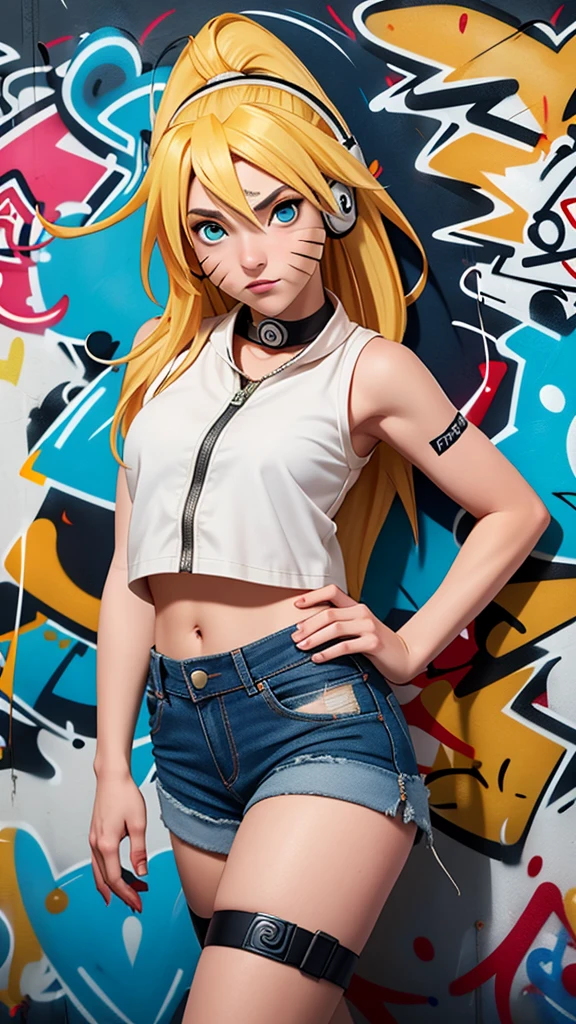 masterpiece, best quality, 1girl, solo, crop top, denim shorts, choker, (graffiti:1.5),  arms behind back, against wall, looking at viewer, armband, thigh strap, head tilt, bored, blonde hair, aqua eyes, headset, Naruto jutsu sexy (naruko Uzumaki).