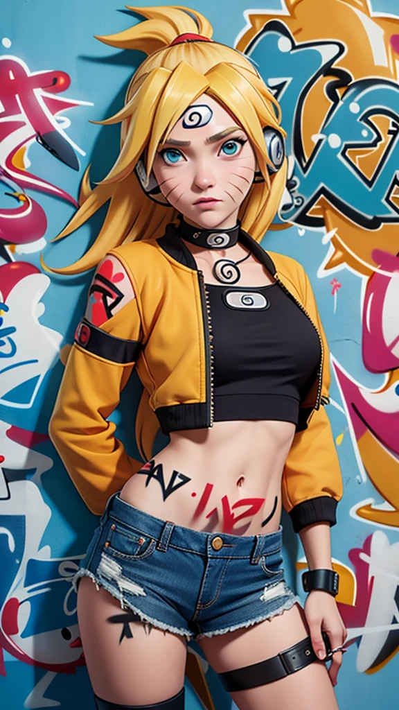 masterpiece, best quality, 1girl, solo, crop top, denim shorts, choker, (graffiti:1.5),  arms behind back, against wall, looking at viewer, armband, thigh strap, head tilt, bored, blonde hair, aqua eyes, headset, Naruto jutsu sexy (naruko Uzumaki).