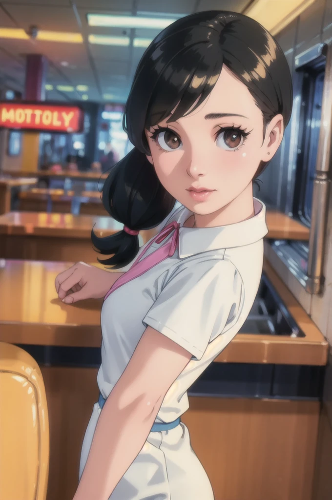 a waitress at a 1970s diner, detailed face and eyes, beautiful detailed lips, intricate hairstyle, vintage 1970s diner, neon signs, tiled floors, chrome accents, warm lighting, photorealistic, highly detailed, dynamic pose, vibrant colors, cinematic lighting, (best quality,4k,8k,highres,masterpiece:1.2),ultra-detailed,(realistic,photorealistic,photo-realistic:1.37)