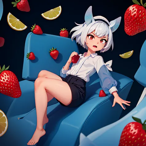 short hair, open and wet white shirt with loose sleeves, Black Beret, short black panties, cat ears, looking angry, lemon slices...