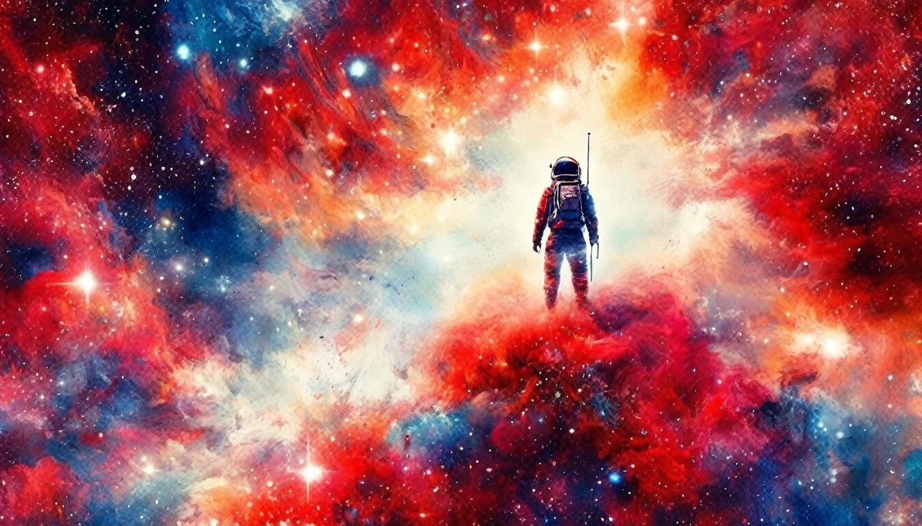 (Japanese water color art, using only red, white and blue: 1.5) Arafed a picture of a astronaut hovering in space, watching endless stars, and far galaxies, vibrant, Ultra-high resolution, High Contrast, masterpiece:1.2, highest quality, Best aesthetics), best details, best quality, highres, ultra wide angle, 16k, [ultra detailed], masterpiece, best quality, (extremely detailed), Cinematic Hollywood Film, star, RagingNebula