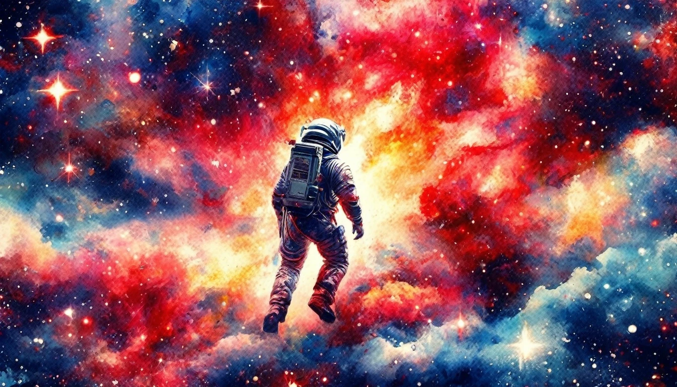 (L&#39;art japonais de l&#39;aquarelle, en utilisant uniquement du rouge, blanc et bleu: 1.5) Arafed une photo d&#39;un astronaute planant dans l&#39;espace, watching endless étoiles, et les galaxies lointaines, vibrant, Ultra haute résolution, Contraste élevé, chef-d&#39;œuvre:1.2, la plus haute qualité, Meilleure esthétique), meilleurs détails, Meilleure qualité, haute résolution, ultra grand angle, 16k, [ultra détaillé], chef-d&#39;œuvre, Meilleure qualité, (extrêmement détaillé), Film cinématographique hollywoodien, étoile, nébuleuse enragée