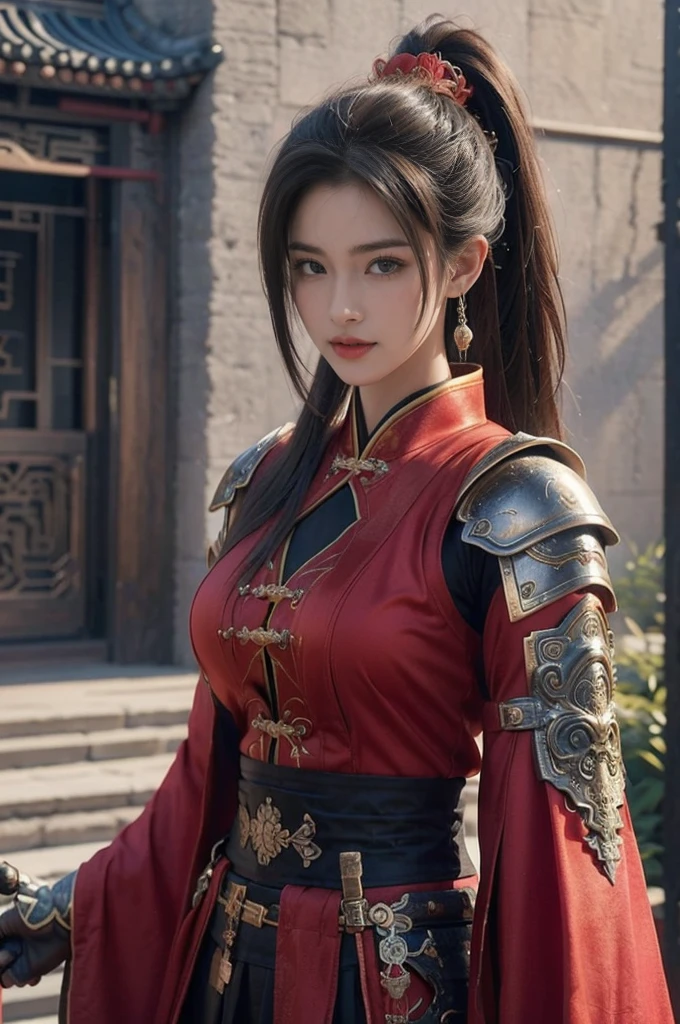 Game Art，Best picture quality，Maximum resolution，8K，(A bust photo)，(bust:1.5)，(Head close-up)，(Rule of Thirds)，Unreal Engine 5 rendering works， (Future Girl)，(Female Warrior)， 
20-year-old girl，(Ancient Chinese warriors)，(Short ponytail hairstyle)，Eyes full of details，(Large Breasts)，Elegant and noble，indifferent，(Smile)，
(Costumes with Chinese swordsman elements，figure服饰，armor，The costume is red and gold，Heavy Armor，Joint armor)，(Chinese Hanfu:1.3)，figure，Fantasy style，
Photo poses，Field background，light，Ray Tracing，Game CG，((3D Unreal Engine))，oc rendering reflection pattern