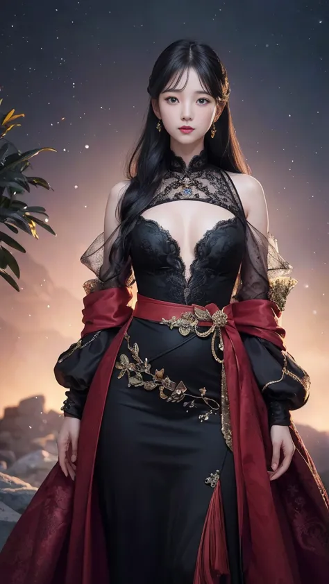 Beautiful Empress Portrait, black hair, 완벽한 파란 eye, good, 불가능한 eye에 띄는 큰 크리스마스 머리 장식, Sexy and baggy clothes santa gown, All abo...