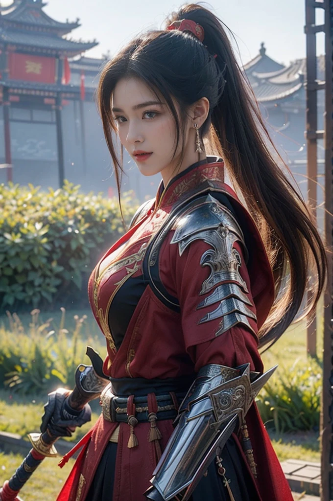 Game Art，Best picture quality，Maximum resolution，8K，(A bust photo)，(bust:1.5)，(Head close-up)，(Rule of Thirds)，Unreal Engine 5 rendering works， (Future Girl)，(Female Warrior)， 
20-year-old girl，(Chinese samurai)，(Short ponytail hairstyle)，Eyes full of details，(Large Breasts)，Elegant and noble，indifferent，(Smile)，
(Costumes with Chinese swordsman elements，figure服饰，armor，The costume is red and gold，Heavy Armor，Joint armor)，(Chinese Hanfu:1.3)，figure，Fantasy style，
Photo poses，Field background，light，Ray Tracing，Game CG，((3D Unreal Engine))，oc rendering reflection pattern