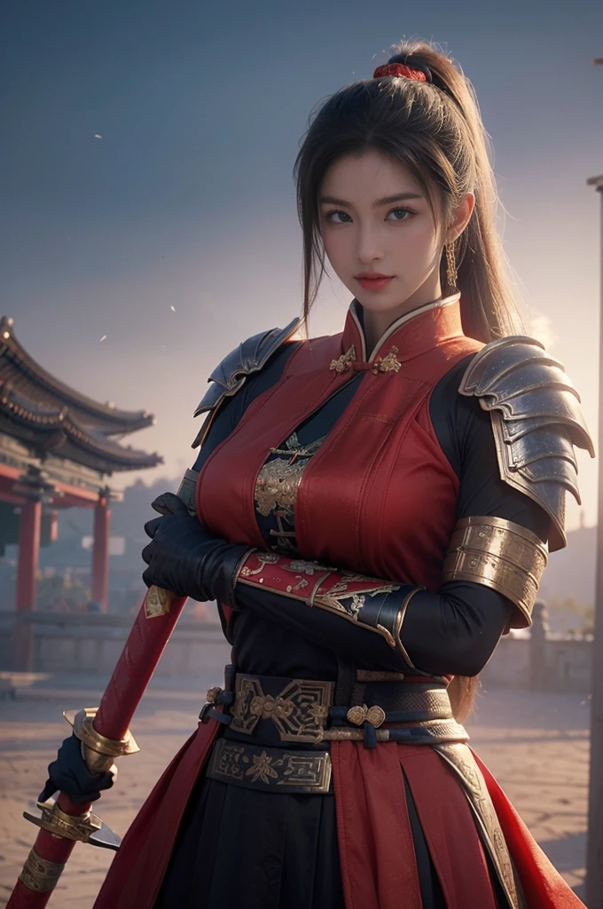 Game Art，Best picture quality，Maximum resolution，8K，(A bust photo)，(bust:1.5)，(Head close-up)，(Rule of Thirds)，Unreal Engine 5 rendering works， (Future Girl)，(Female Warrior)， 
20-year-old girl，(Chinese samurai)，(Short ponytail hairstyle)，Eyes full of details，(Large Breasts)，Elegant and noble，indifferent，(Smile)，
(Costumes with Chinese swordsman elements，figure服饰，armor，The costume is red and gold，Heavy Armor，Joint armor)，(Chinese Hanfu:1.3)，figure，Fantasy style，
Photo poses，Field background，light，Ray Tracing，Game CG，((3D Unreal Engine))，oc rendering reflection pattern