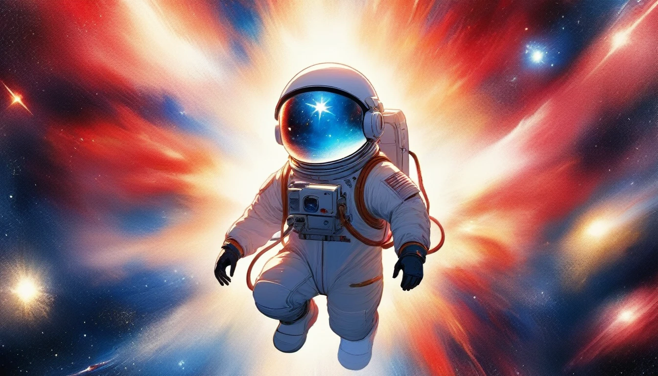 (Arte japonesa em aquarela, usando apenas vermelho, Branco e azul: 1.5) Arafed uma foto de um astronauta pairando no espaço, observando estrelas sem fim, e galáxias distantes, vibrante, Resolução ultra-alta, Alto contraste, obra de arte:1.2, mais alta qualidade, melhor estética), melhores detalhes, melhor qualidade, alta resolução, ultra grande angular, 16k, [ultra detalhado], obra de arte, melhor qualidade, (extremamente detalhado), Filme cinematográfico de Hollywood, star, Nebulosa Furiosa