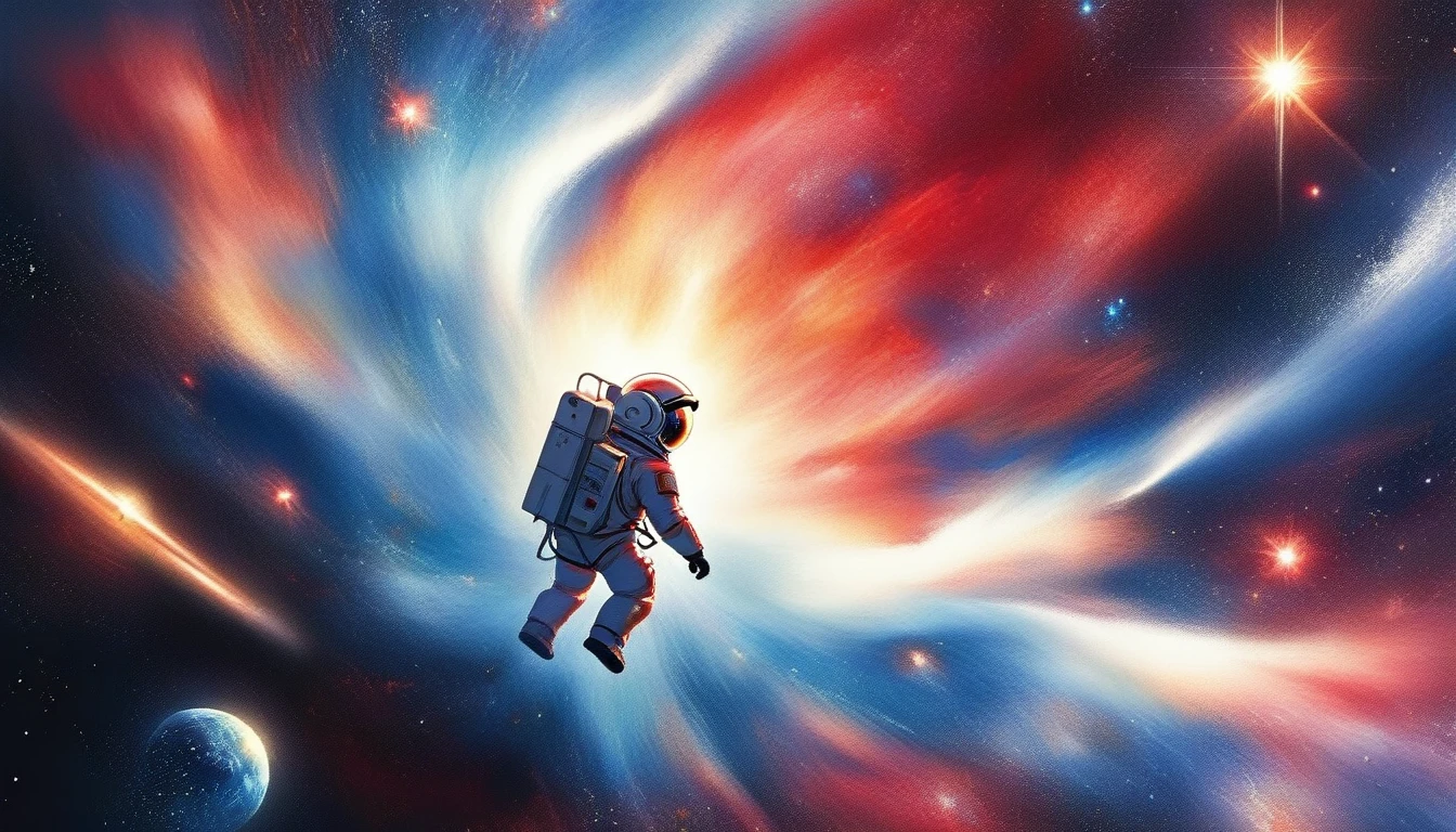 (arte japonés de acuarela, usando solo tinta roja, blanco y azul: 1.5) Arafed una foto de un astronauta flotando en el espacio., watching endless estrellas, y galaxias lejanas, vibrante, Resolución ultraalta, alto contraste, obra maestra:1.2, de la máxima calidad, Mejor estetica), mejores detalles, mejor calidad, alta resolución, Ultra gran angular, 16k, [ultra detallado], obra maestra, mejor calidad, (extremadamente detallado), Cine cinematográfico de Hollywood, estrella, Nebulosa furiosa