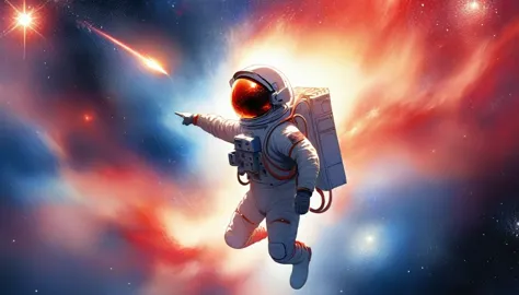 (Japanese water color art, using only red, white and blue: 1.5) Arafed a picture of a astronaut hovering in space, watching endl...