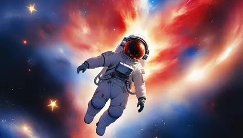 (Japanese water color art, using only red, white and blue: 1.5) Arafed a picture of a astronaut hovering in space, watching endl...