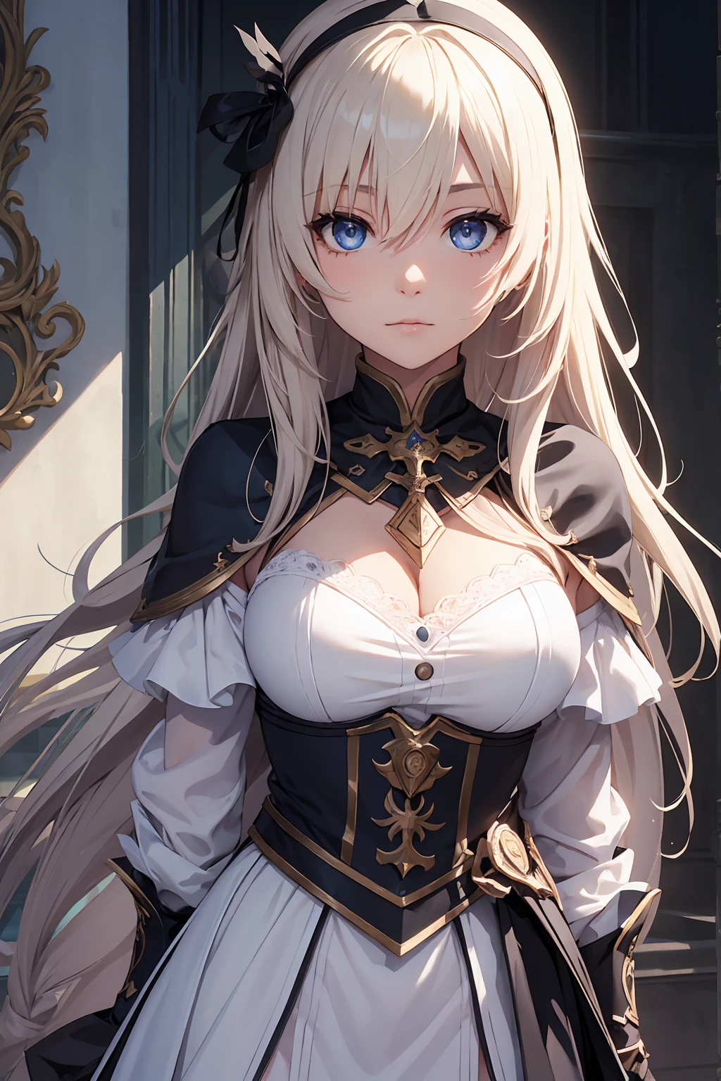 One girl, alone, (masterpiece), Highest quality, Expressive eyes, Perfect Face, Jeanne d&#39;Arc, Jeanne d&#39;Arc, Blonde, blue eyes, Long Hair, armor, armored boots, armored dress, black gloves, black Knee socks, Braiding, dress, Gauntlet, Safety, gloves, Headpiece, blue dress, single Braiding, Knee socks,  Character Sheet, Portraiture, View your viewers