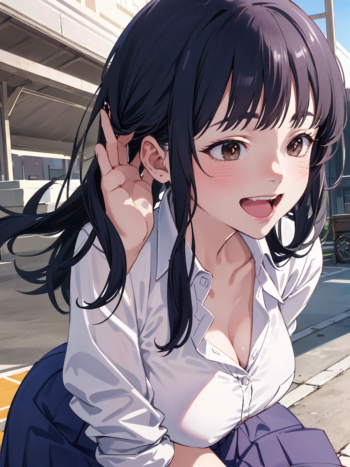 masterpiece, Powerful laughter, Highest quality, High resolution, Official Art, Anime Face, Long Hair, Brown eyes, clavicle, Collared shirt, White shirt, Rolled up my sleeves, Pleated skirt, Blue Skirt, mini skirt, smile, Outdoor, masterpiece, Absurd, Super detailed, Anna Yamada, One girl, alone, Long Hair, blush, (Large Breasts, Big Breasts), Black Hair, Long sleeve, Brown eyes, , Jacket, Collared shirt, (Realistic:0.35、 Powerful laughter), blush, smile
