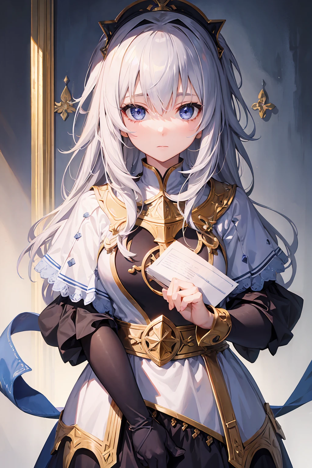 One girl, alone, (masterpiece), Highest quality, Expressive eyes, Perfect Face, Jeanne d&#39;Arc, Jeanne d&#39;Arc, Blonde, blue eyes, Long Hair, armor, armored boots, armored dress, black gloves, black Knee socks, Braiding, dress, Gauntlet, Safety, gloves, Headpiece, blue dress, single Braiding, Knee socks, Character Sheet, Portraiture, View your viewers