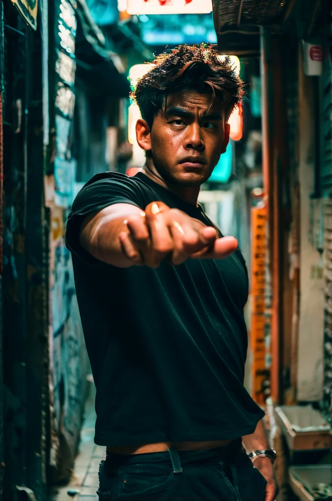 cinematic film still of In the 1980's In Hong Kong China a man wearing black t-shirt with a bloody face standing in a room aiming a black hand gun at camera while screaming in anger,solo,looking at viewer,brown hair,1boy,holding,weapon,male focus,holding weapon,gun,handgun,science fiction,realistic,aiming at viewer,cyberpunk,Asian,cinematic,action-themed,violence,aim,aiming,pointing,Kodak,Film style,movie style,film grain,film contrast,action packed,serious,stunt,Hong Kong action cinema style,Asian,cinematic,action-themed,violence,aim,aiming,pointing,Kodak,Film style,movie style,film grain,film contrast,action packed,serious,stunt,Hong Kong action cinema style, shallow depth of field, vignette, highly detailed, high budget, bokeh, cinemascope, moody, epic, gorgeous, film grain, grainy