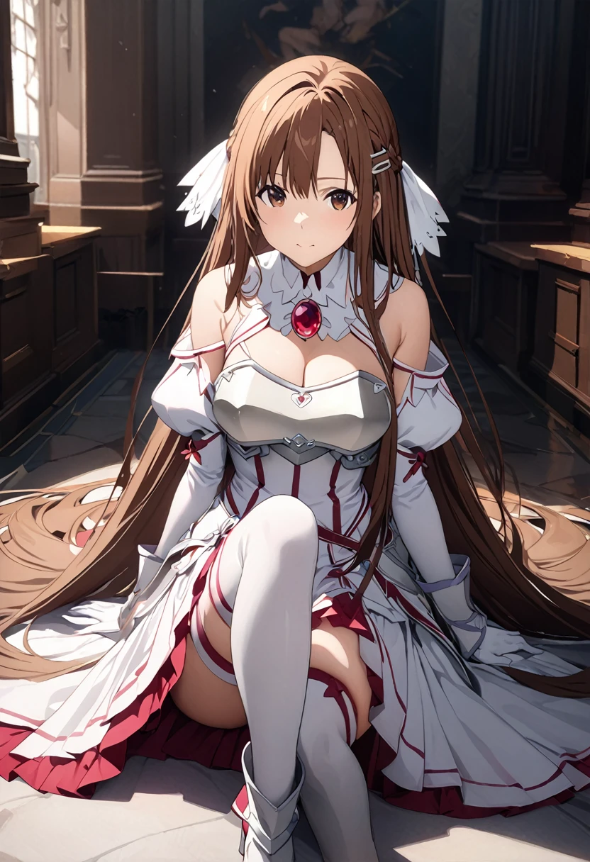 masterpiece, Highest quality, High resolution、Highest quality、unity 8k wallpaper、32k、Very detailed、超High resolution、Very detailedな顔、RAW Photos、Professional、Ultra-fine painting、asuna yuuki, long hair, bangs, brown hair, brown eyes, very long hair, braid, dress, bare shoulders, detached sleeves, white dress, armor, breastplate, white armor、White and red magical girl costume、Puff sleeves、Shoulder rest、Silver Breastplate、Pleated skirt、Long gloves、Thigh-high stiletto boots、A large white and red ribbon with a large ruby brooch on the chest、Hair Clip、Hair Ribbon、