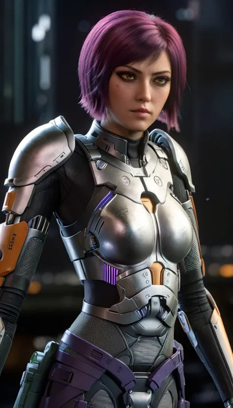 professional 3d model cinematic scene, sabine wren, silver armor (huge breasts), ghost in the shell, detailed background, master...