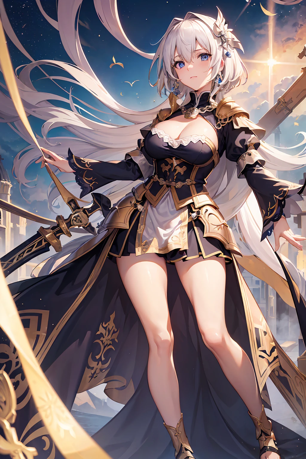 (8K, masterpiece, high quality, High resolution), (Jeanne d&#39;Arc, (ruler) (destiny)), (Full body front),Beautiful Knight, Super long golden hair, blue eyes, Knitting the back, Wearing armor, (Let&#39;s kneel and join our hands in prayer,Prayer Pose:1.3), war,battlefield,Cityscape of flames and rubble, Nice views, Outdoor,