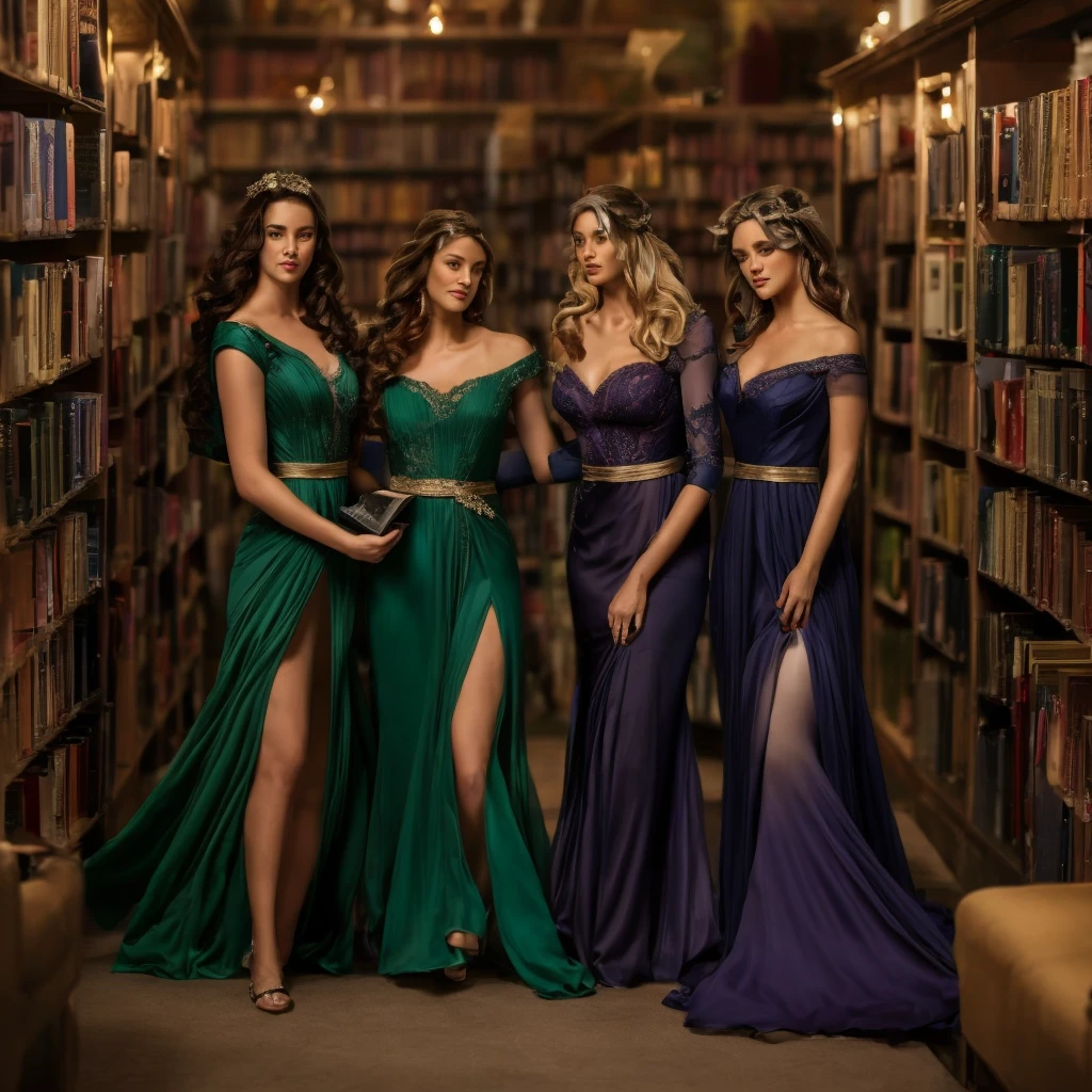 (Masterpiece, 8k, 16k, uhd, best quality, fantasy photograpy, epic imagination), 3girls (cuddling, front to back:1.2) in a "library" at midnight, beautiful, tender, late night, reading a book, chilled drink aisle, film scene, cinematic lighting, intense indoor white tube lighting, black dresses, green dressees, rose dresses