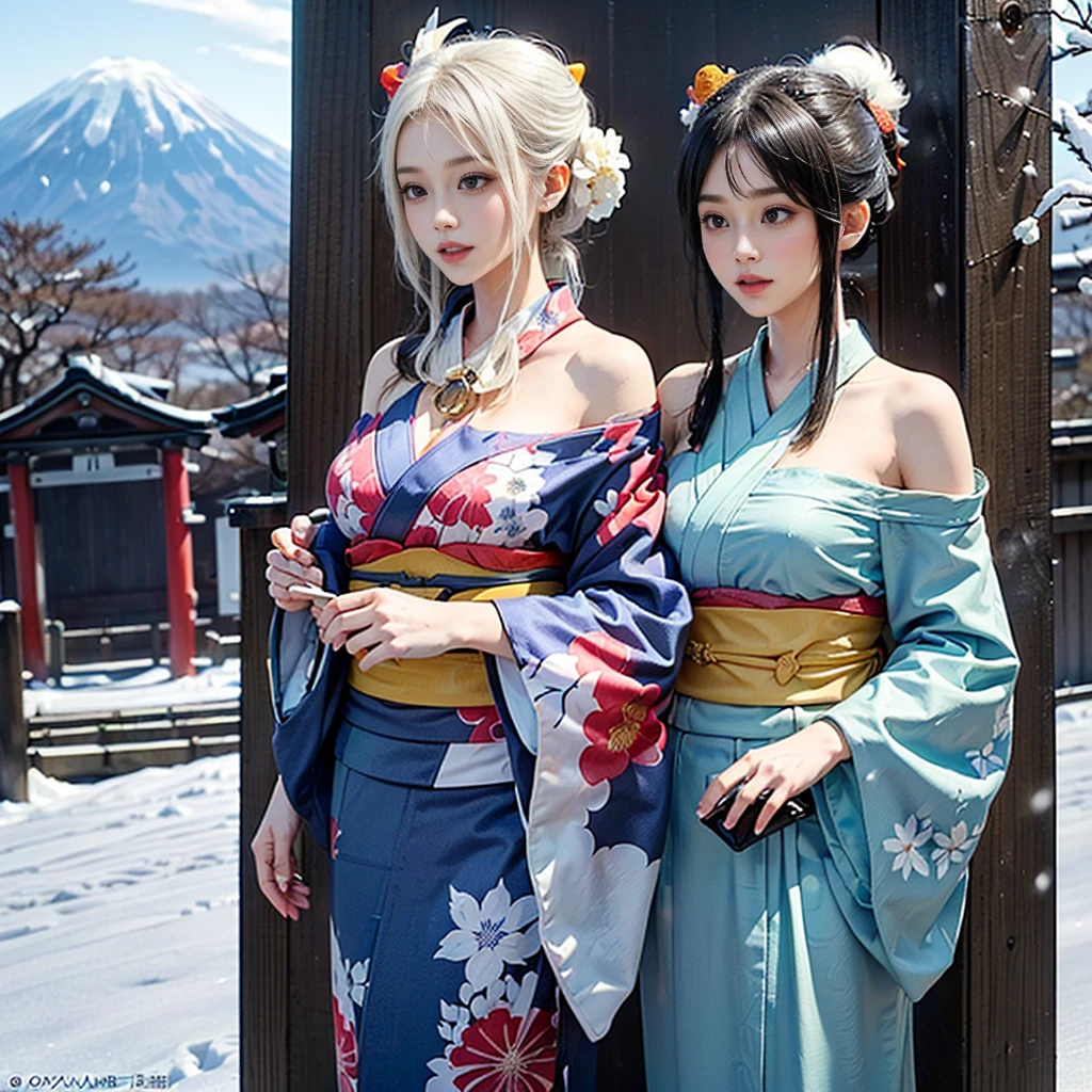 best quality, masterpiece, 

Three Japanese high-school short girls with cute style, 

looking straight ahead and striking a gutsy pose are standing (separately:1.4), side by side, 

wearing a striking(yellow, red, blue, green) kimono with a flower motif, 

(A kimono with floral patterns, particularly on the shoulders and chest:1.7)

(A kimono that completely conceals the chest and shoulders, revealing no skin at all:1.7)



(High-school-girls with a white short scarf, a white feather shawl around her neck:1.5),

 (High-school-girls who are almost the same height:1.7),

(Japanese kimono:1.7),(innocent and pure high-school short girls:1.7),


((too much smile)), very cute, face, head and waist fully visible, 

upper arms hidden by clothes and hair, 

(only one well-shaped beautiful mount Fuji is completely covered with white snow from top to bottom:1.5), 

(vermilion shrine entrance:1.2), very thick and large pine trees, winter(season),

 Snow is accumulating on the roof and pine trees. ,(outdoors:1.5),