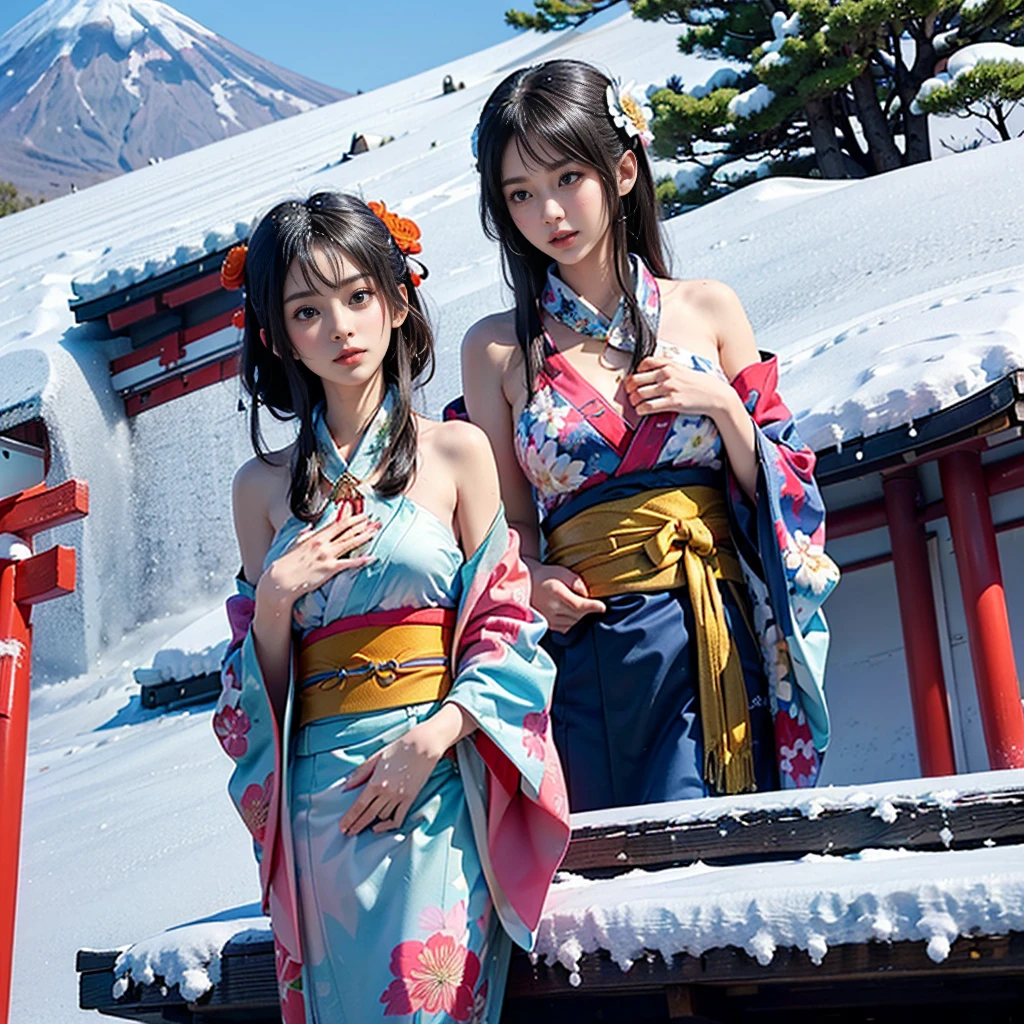 best quality, masterpiece, 

Three Japanese high-school short girls with cute style, 

looking straight ahead and striking a gutsy pose are standing (separately:1.4), side by side, 

wearing a striking(yellow, red, blue, green) kimono with a flower motif, 

(A kimono with floral patterns, particularly on the shoulders and chest:1.7)

(A kimono that completely conceals the chest and shoulders, revealing no skin at all:1.7)



(High-school-girls with a white short scarf, a white feather shawl around her neck:1.5),

 (High-school-girls who are almost the same height:1.7),

(Japanese kimono:1.7),(innocent and pure high-school short girls:1.7),


((too much smile)), very cute, face, head and waist fully visible, 

upper arms hidden by clothes and hair, 

(only one well-shaped beautiful mount Fuji is completely covered with white snow from top to bottom:1.5), 

(vermilion shrine entrance:1.2), very thick and large pine trees, winter(season),

 Snow is accumulating on the roof and pine trees. ,(outdoors:1.5),