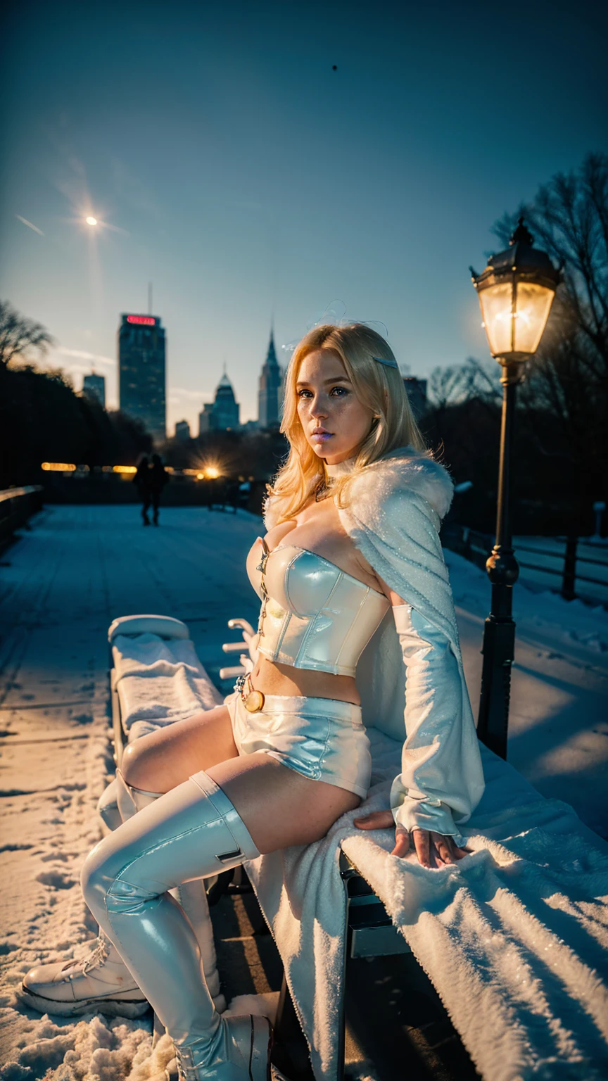 (masterpiece), (frostedstyle), (solo character), (photorealistic:1.4), (daylight), (j4nu4ryj0n3s elbow gloves) , (blue (j4nu4ryj0n3s lips), (best quality), (epiCRealLife), (lora:epiCFlashPhoto), (Emma_Frost costume), (latex midriff), (corset), (Emma_Frost white elbow gloves), (frost1_2- elbow gloves), (elbow gloves cover two hands), (thigh highs), (cape),(Emma Frost x belt), (Emma Frost Hairstyle), (young woman), (hot pants), (Emma Frost), shirt dress, (fur cloak), (giant gold chain necklace), (Blonde hair),, (Emma Frost blue lipstick), , (thighigh), (flashphoto), (night time), (in central park), (in the snow), (neon signs), (sitting on bench), (street light), (different camera angle shots), (from side)