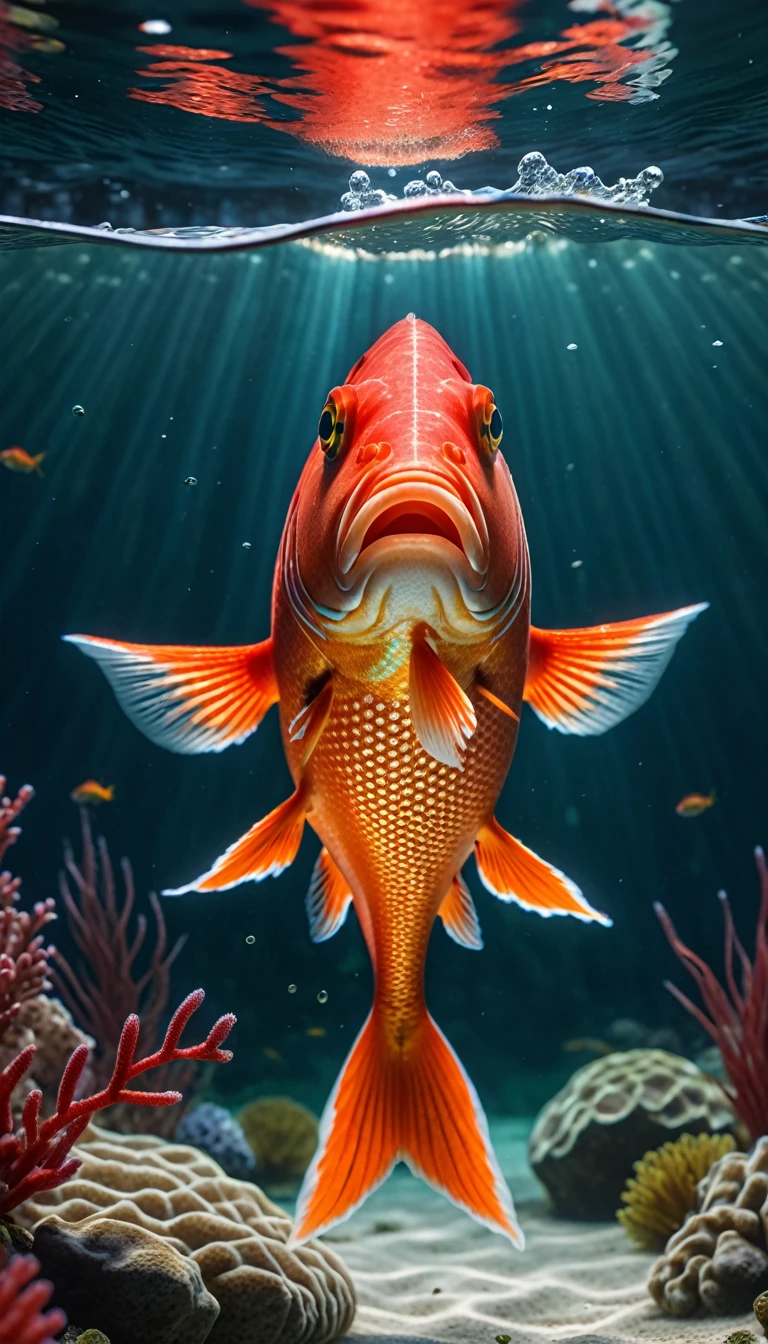  Front view，A red fish in the water(best quality，4K，8K，High level，masterpiece：1.2），Ultra Detailed，（lifelike，Photo real，Photo real：1.37），Highly detailed animals，Complex patterns，Realistic lighting，Fantasy Creatures