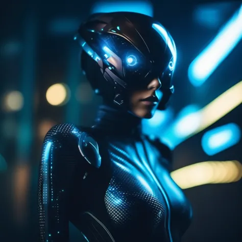 cinematic photo a woman with big eyes, full body, futuristic carbon body suit, cyberpunk background . 35mm photograph, film, bok...