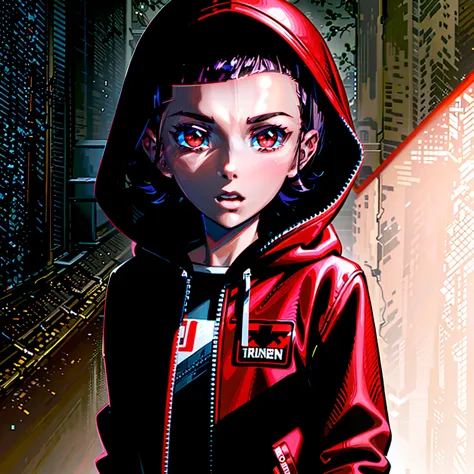 millie bobby brown, mbb, wearing a red jacket and a hood in a dark forrest, horror style, stranger things,