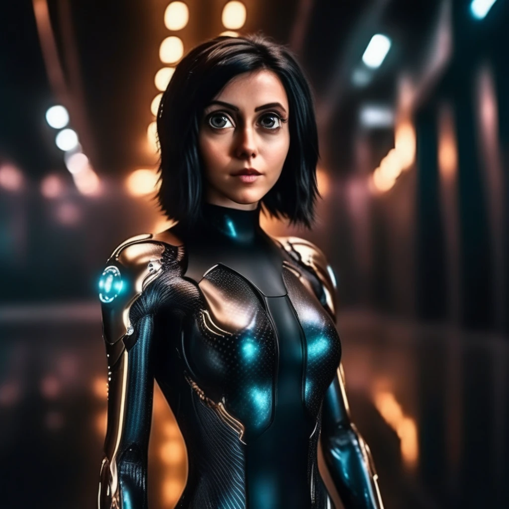 cinematic photo a woman with big eyes, full body, futuristic carbon body suit, cyberpunk background . 35mm photograph, film, bokeh, professional, 4k, highly detailed
