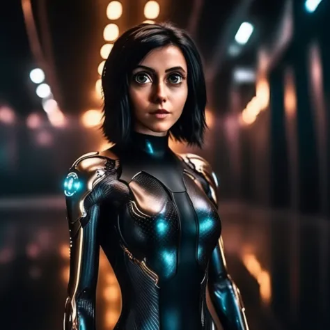 cinematic photo a woman with big eyes, full body, futuristic carbon body suit, cyberpunk background . 35mm photograph, film, bok...