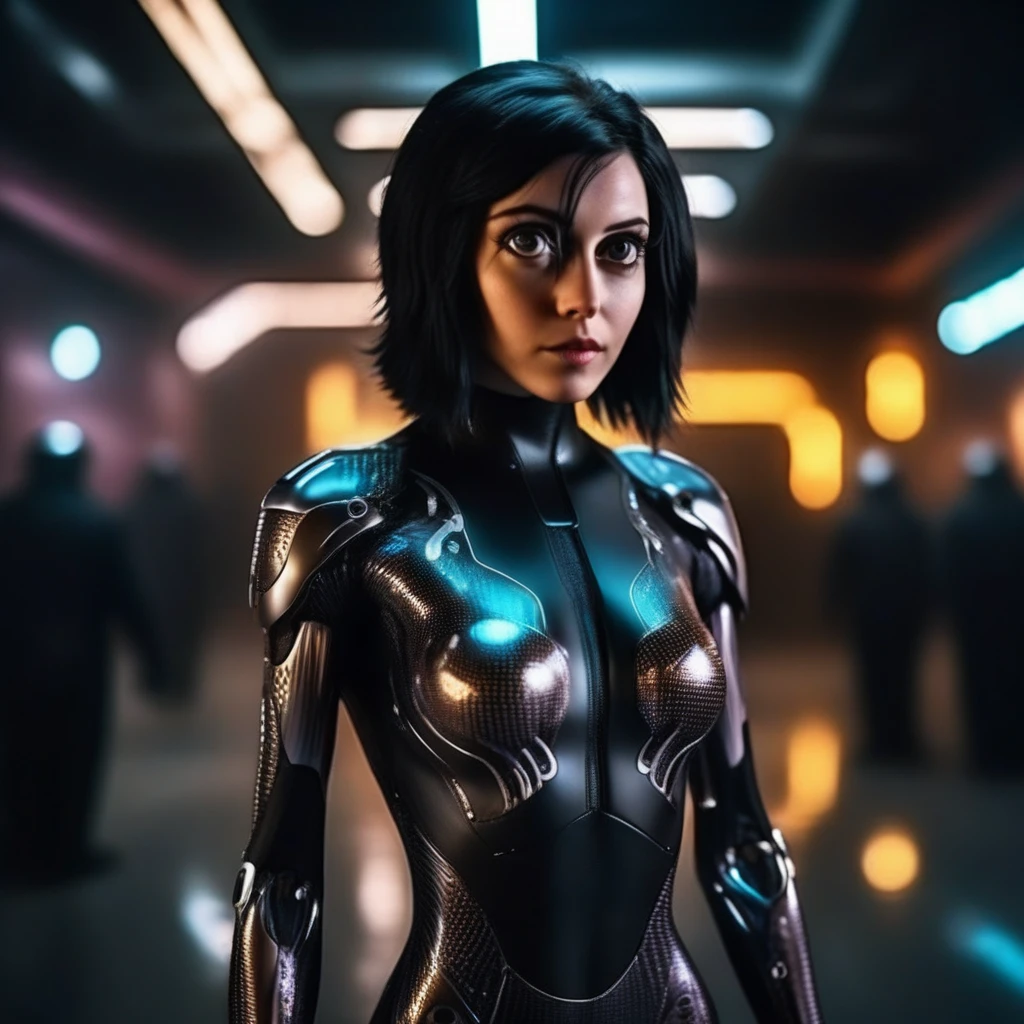 cinematic photo a woman with big eyes, full body, futuristic carbon body suit, cyberpunk background . 35mm photograph, film, bokeh, professional, 4k, highly detailed
