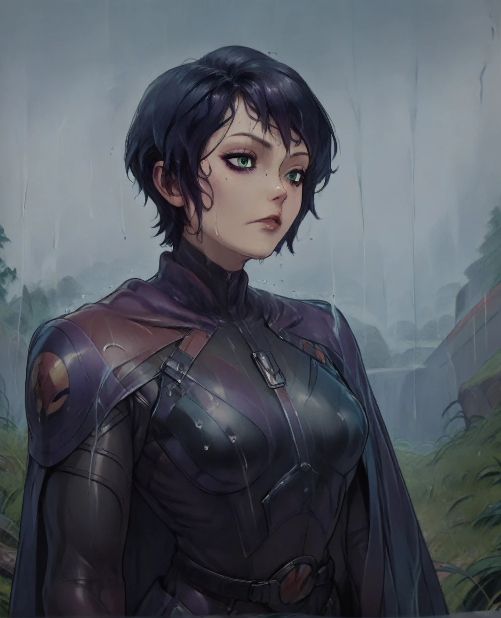 score_9,score_8_up,score_7_up,score_6_up, Trilla,green eyes,black hair, upper body, wet, armor,gloves,black bodysuit,black cape,belt,rain, science fiction,sith base, star wars, outdoors, rain, solo,fflixbag
wearing armor
sabine wren
