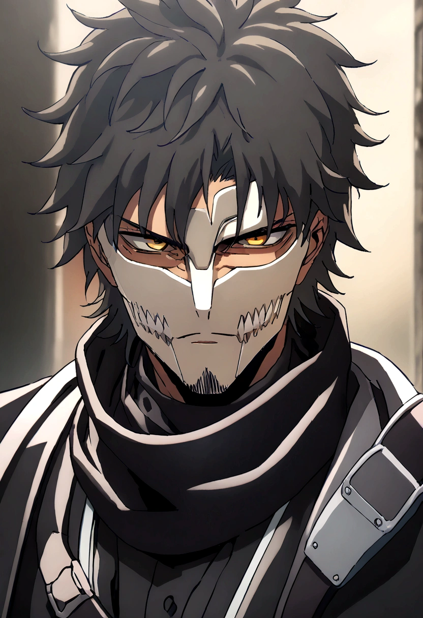 Anime man, shaved beard, serious face, black fluffy messy hair, black suit, cool, ((best quality)), black scarf, black waist straps, Fanny pack across shoulder, full hollow mask covering whole face