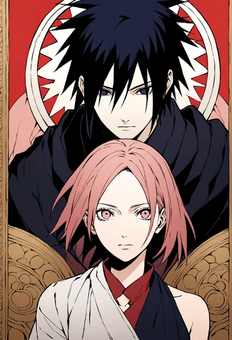 Naruto style illustration, Sakura Haruno and Sasuke Uchiha dressed like  gods - SeaArt AI