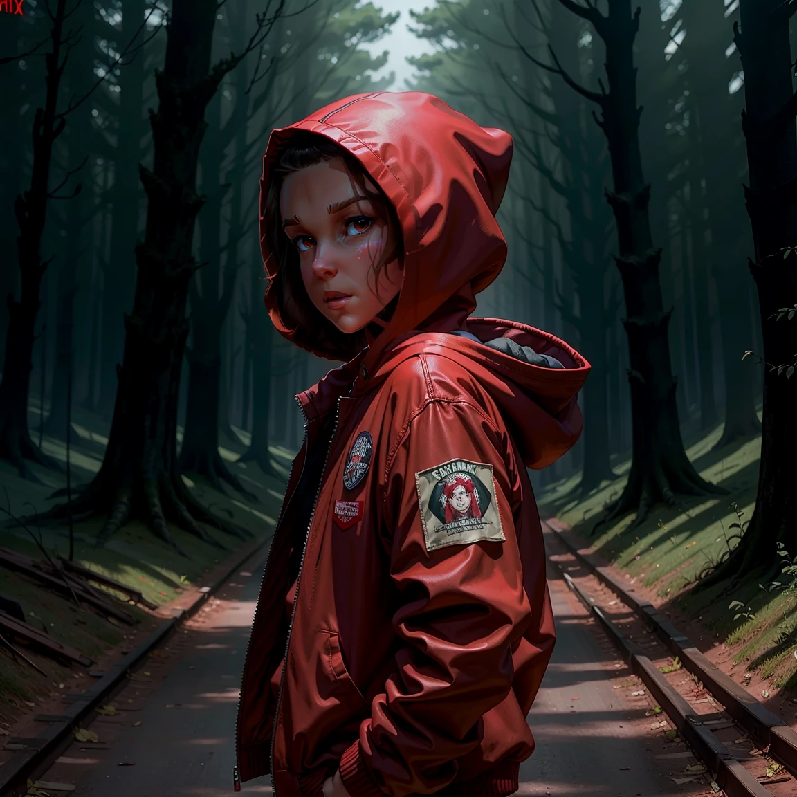 Millie Bobby Brown, mbb, wearing a red jacket and a hood in a dark forrest, horror style, stranger things, netflix, d3m0g