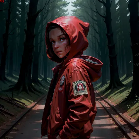 millie bobby brown, mbb, wearing a red jacket and a hood in a dark forrest, horror style, stranger things, netflix, d3m0g