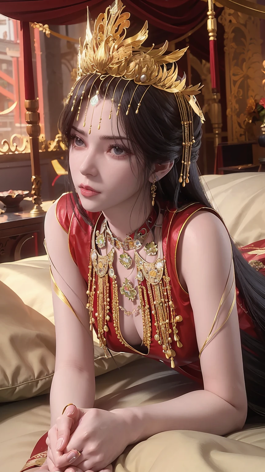 A girl lying on the bed, face up, with her legs slightly raised, extremely detailed beautiful 16-year-old girl, 4k, 8k, film, full body, lying down, long legs, barefoot, jade feet, full body capture, (((Lying on the bed)), (((Lying on the bed)), (((Lying on the bed)), large bed, lying on the bed, head on the pillow, high quality, realistic, Surreal, beautiful skin, flawless complexion, beautiful eyes, long eyelashes, delicate features, beautiful lips, elegant posture, natural light, cool tones