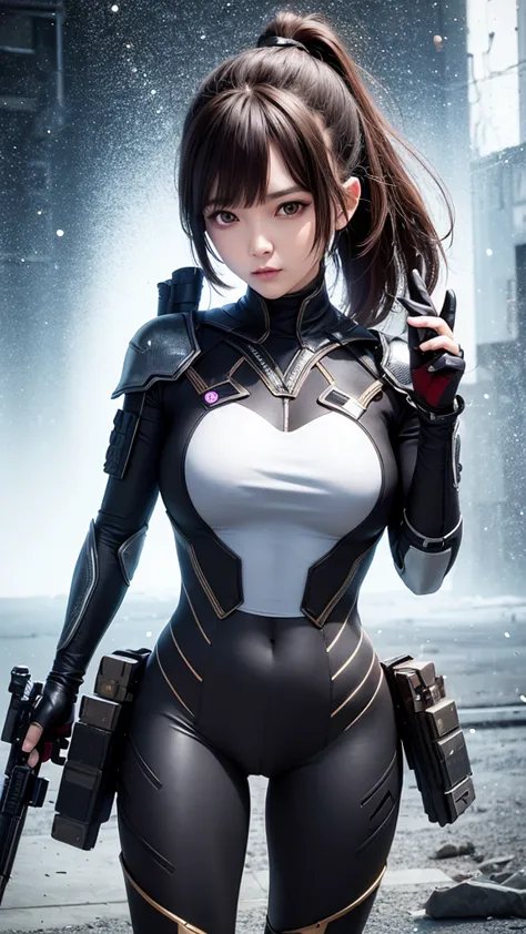 1 woman, futuristic suit, military, special weapons, battlefield, explosions, destruction, fantasy world.