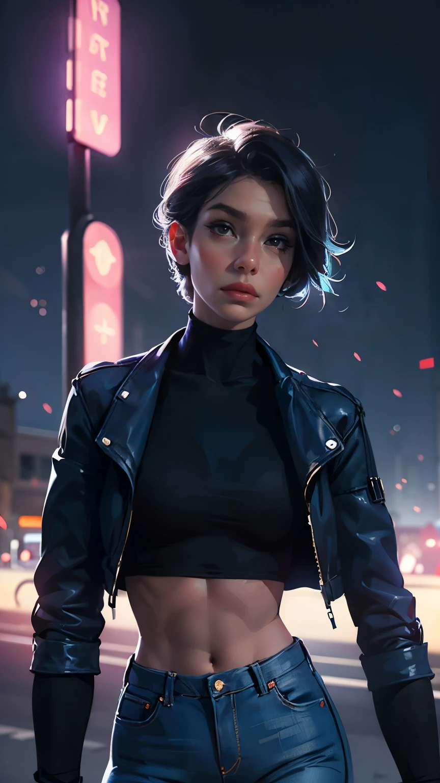 LadyBug, Paris, pretty face, Marinette Dupin-Cheng, short black pixie hair, blue women's jacket, white turtleneck tank top, jeans, white ballet flats, medium-sized breasts, slender body, 17 years old, model shots, Paris at night, bright lights, neon