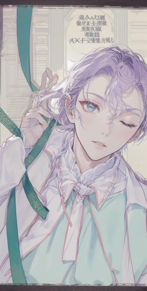 anime character with long purple hair and a tie on, one eye closed, delicate androgynous prince, beautiful androgynous prince, f...