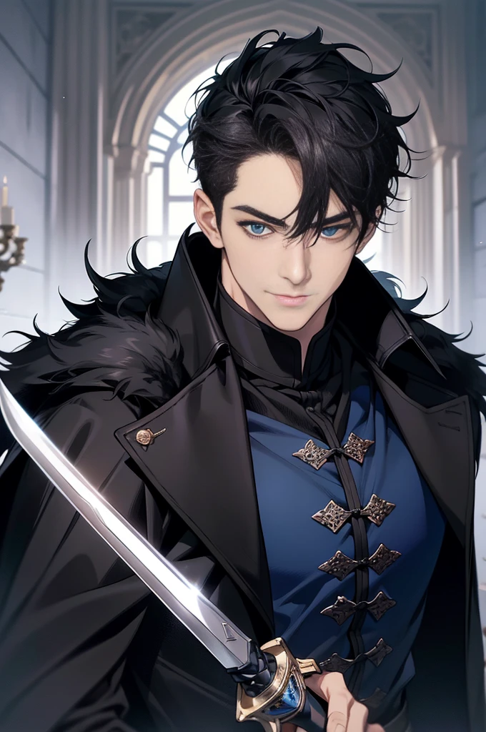 Masterpiece, Highest quality, realistic, 1 person, mature man, A quiet and charming young man, 30 years old, smile, gag, Portrait, Highly detailed face, 寒さとsmile, ((blue eyes)), ((black short hair)), [Thick eyebrows], dark palace, ((black long coat)), ((all black)), (blue eyes) ,Short Black Quiff Hair with Soft Fringe, handsome , muscle, Facial expressions, Black Knight Armor , black fur shawl(Masterpiece,best quality,special, (Broad shoulders)) (muscle), male focus, holding a long sword, His sword raised high., Face gigantic and terrifying monsters.. Describe the man&#39;s appearance., Details of his sword, Characteristics and characteristics of monsters, and convey the tension and power of the encounter.."