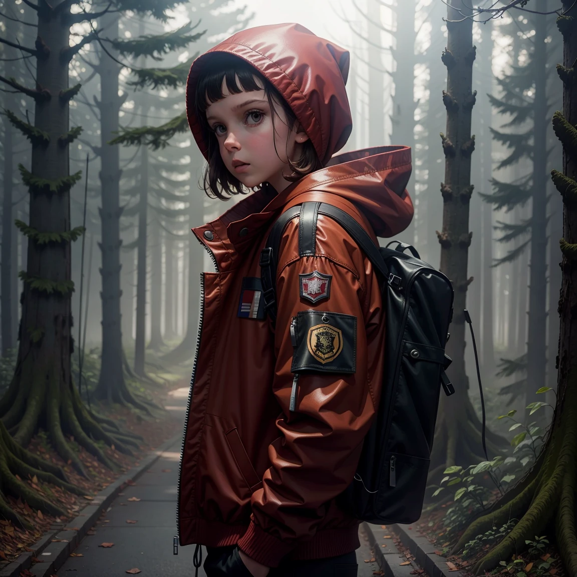 Millie Bobby Brown, mbb, wearing a red jacket and a hood in a dark forrest, horror style, stranger things, netflix, 