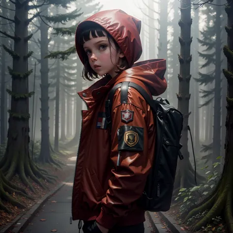 millie bobby brown, mbb, wearing a red jacket and a hood in a dark forrest, horror style, stranger things, netflix,